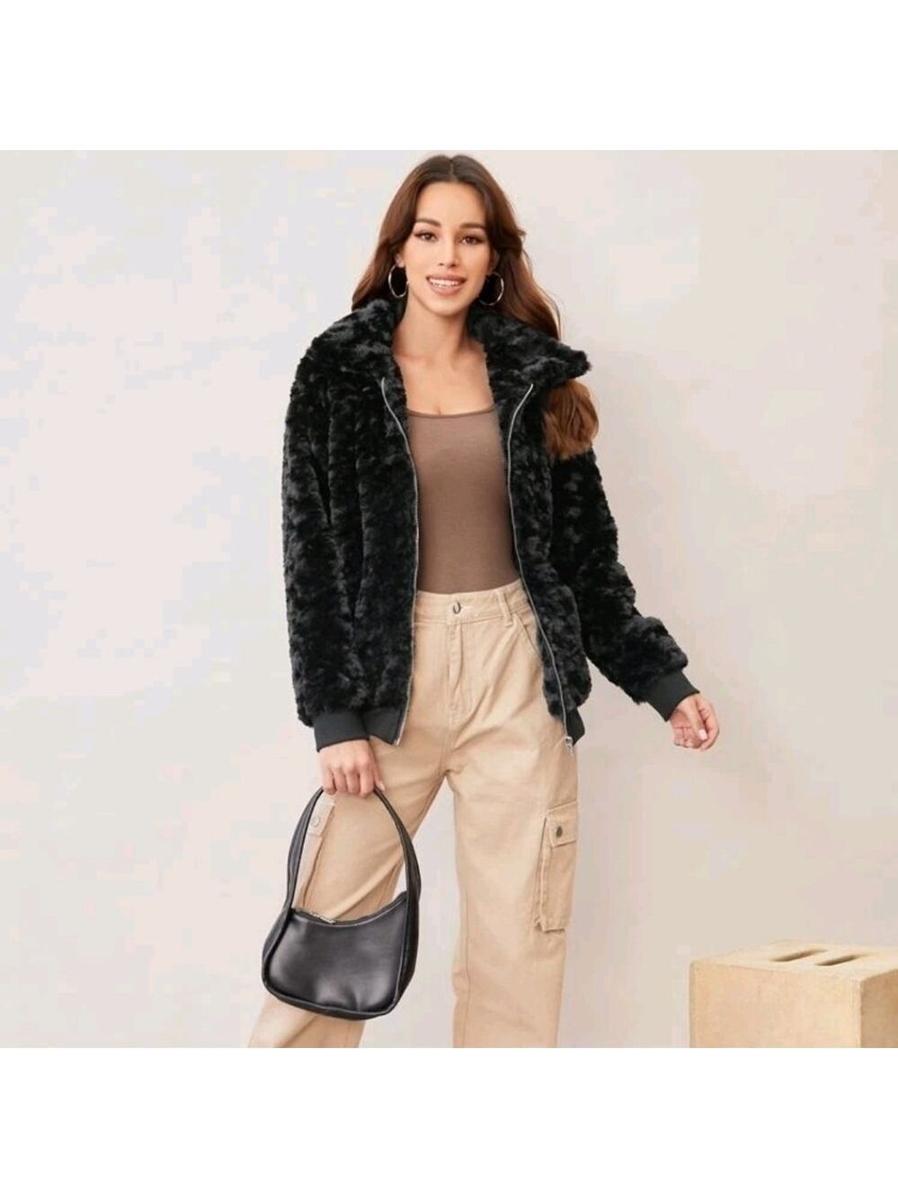 Teddy Jacket Zip-Up Drop Shoulder Fuzzy Faux Fur Relaxed Fit Casual Black Small